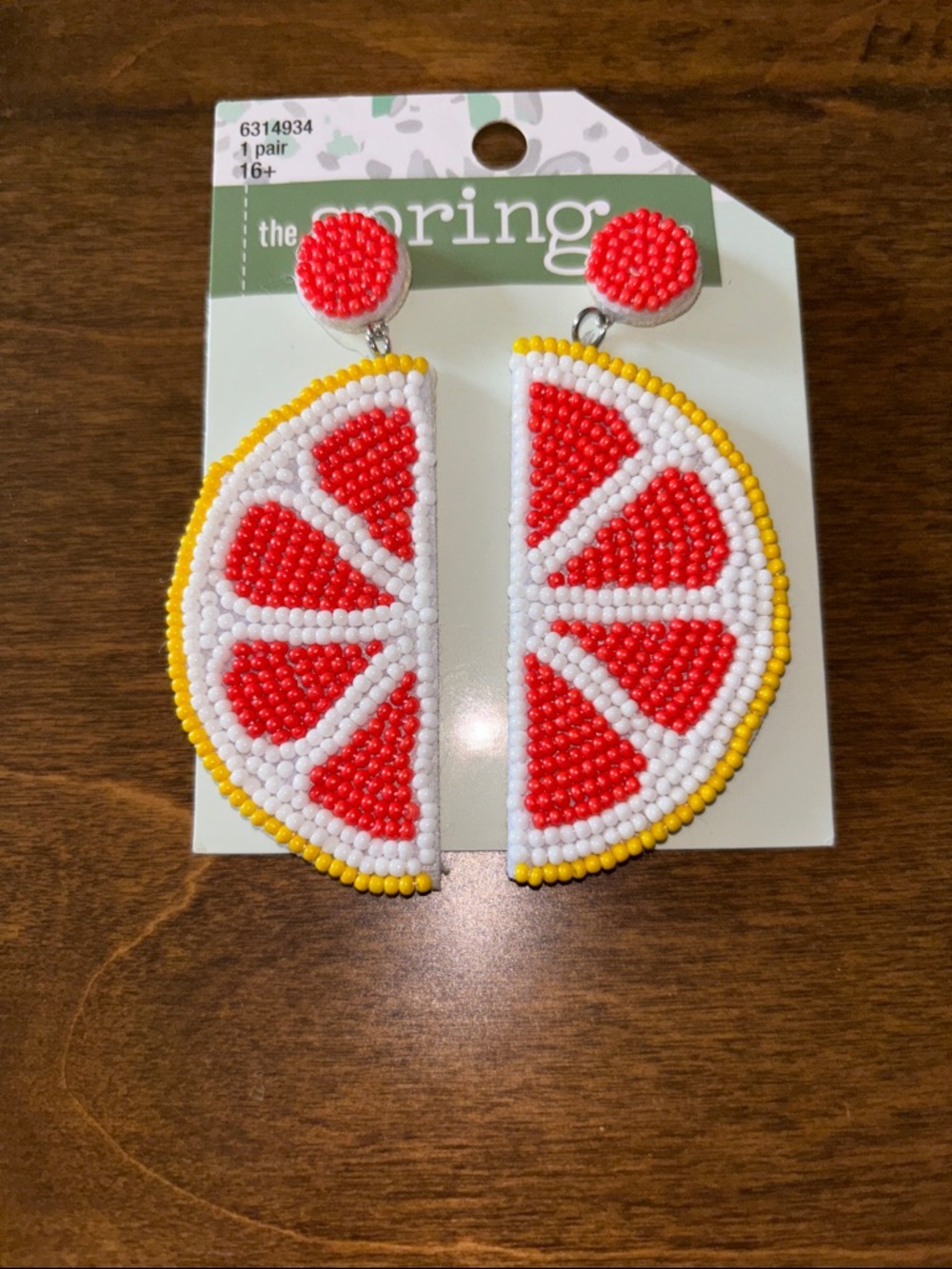 Beaded Citrus Slice Dangle Earrings - Red, White & Yellow